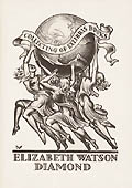 Elizabeth Watson Diamond Collecting of Exlibris Books In Black Ink Original Wood Engraving by the Russian French artist Valentin Le Campion
