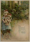 Original Chromolithographic Victorian Reward of Merit Card - Two Little Girls Picking Berries in the Woods