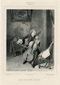 Jeune homme jouant de la basse Young Man Playing the Cello Original Lithograph by The French artists Adolphe Mouilleron and Jean Louis Ernest Meissonier from the Album du Salon de 1842