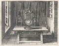 Coeloq Soloq Displicet Domestic Interior Where Nothing Fits a Pitcher on a Table Original Engraving and Etching by the Flemish Artists Jacobus Neefs and Andries Pauwels designed by Abraham van Diepenbeeck Linguae Vitia et Remedia
