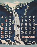Calendar for September 1975 Kanba Falls Okayama Original Hand Stenciled Dye Print Katazome Calendar Print by Takeshi Nishijima