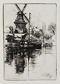 Windmill and Canal Original Etching and Drypoint Engraving by the Belgian American artist Josef Pierre Nuyttens