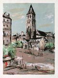 Village Square France Original Lithograph Printed in Colour by the Japanese artist Kazunari Ogata published by The Collector's Guild Ltd. New York
