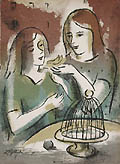 Two Girls and a Canary Original Silkscreen by the American artist Leonard Pytlak