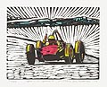 Spirit of Speed II Race Car in Motion Original Linocut by The American artist Michael Robbins also known as Michael Jed Robbins