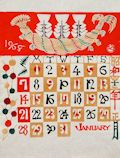 Calendar for January 1968 Japanese Holidays and Festivals New Year's Day Oshogatsu The Coming of Age Ceremony Seijin No Hi and The Fire Festival Tondo Matsuri Original Hand Stenciled Dye Print Kataezome Calendar by the Japanese artist Keisuke Serizawa