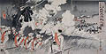 Picture of the Genzan Soldiers Marching on Pyongyang and the Fierce Battle Between the Japanese and Chinese Troops Japanese Sino War Original Woodcut Triptych by the Japanese artist Nakamura Shuko