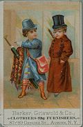  Barker Griswold and Company Auburn New York Clothiers and Furnishers Original Chromolithographic Trade Card Advertisement Boys wearing winter clothes and top hats