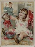 It's Easy to Dye With Diamond Dyes by the Forbes Company Boston Little Girl Dipping a Doll and Kitten into a Bowl of Red Diamond Dye Original Chromolithographic Trade Card Advertisement for the Wells Richardson and Co. Burlington Vermont