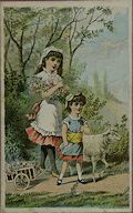 A Summer Stroll Girls with Sheep and Wagon Printed by Gies and Company Buffalo New York Original Chromolithographic Trade Card Advertisement for The Gouverneur Machine Co. Gouverneur N. Y.