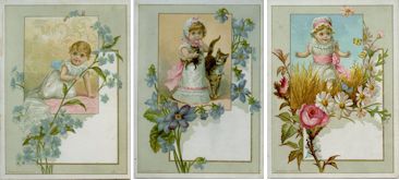 Floral Babies Three Advertising Proofs Before Letters Baby Girls with Flowers Butterflies Cat and Kittens Three Original Chromolithographic Trade Cards printed by J. H. Bufford's Sons Boston Mass. Broadway New York and Chicago Illinois