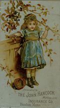 Presented by John Hancock Mutual Life Insurance Company printed by Bufford's Sons Boston and New York Original Chromolithographic Trade Card for the John Hancock Mutual Life Insurance Company Boston Massachusettes Girl by Fence and Tree Branch