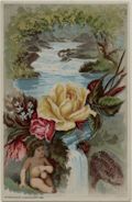 Murray and Lanman's Florida Water The Universal Perfume Water Baby and Roses by a Stream Original Chromolithograph Advertising Trade Card for Lanman and Kemp New York