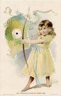 Original Chromolithographic Trade Card Advertisement for Woolson Spice Company Toledo Ohio Hit the Bull's Eye by The Knapp Co. New York Girl with Bow and Arrow