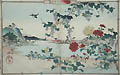 Various Birds and Flowers in a Mountainous Landscape Kacho ga Depiction of Birds and Flowers Original Woodcut by the Japanese artist Rinsai Utsushi for the Newly Selected Nature Studies