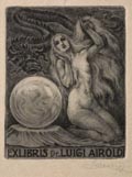 Ex Libris Dr. Luigi Airoldi Sorceress Crystal Ball and Chinese Dragon Original Etching by the Italian artist Enrico Vannuccini