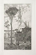 Tree and Steeple Original Etching by the Dutch artist Jacob Gerard Veldheer also listed as Jacob Veldheer