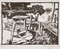 Boat Dock Original Woodcut by the American artist Henry E. Winzenreid also listed as Henry Winzenreid