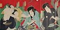 Three Characters in a Kabuki Drama Original Woodcut Triptych by the Japanese artist Yoshu Chikanobu  Triptych with Three Actors from a Kabuki Play published by Matsushita Heibei